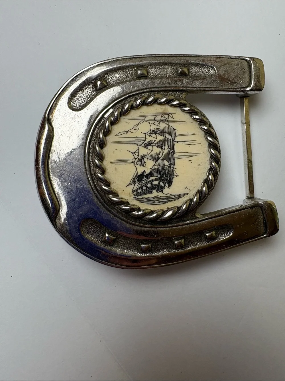 Vintage Scrimshaw Style Ship Belt Buckle Silver Tone Horseshoe Shape